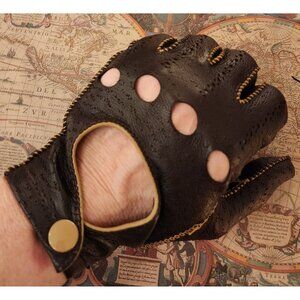 Vintage Brown Leather Driving Gloves With Snap Button Closure & Vent Holes